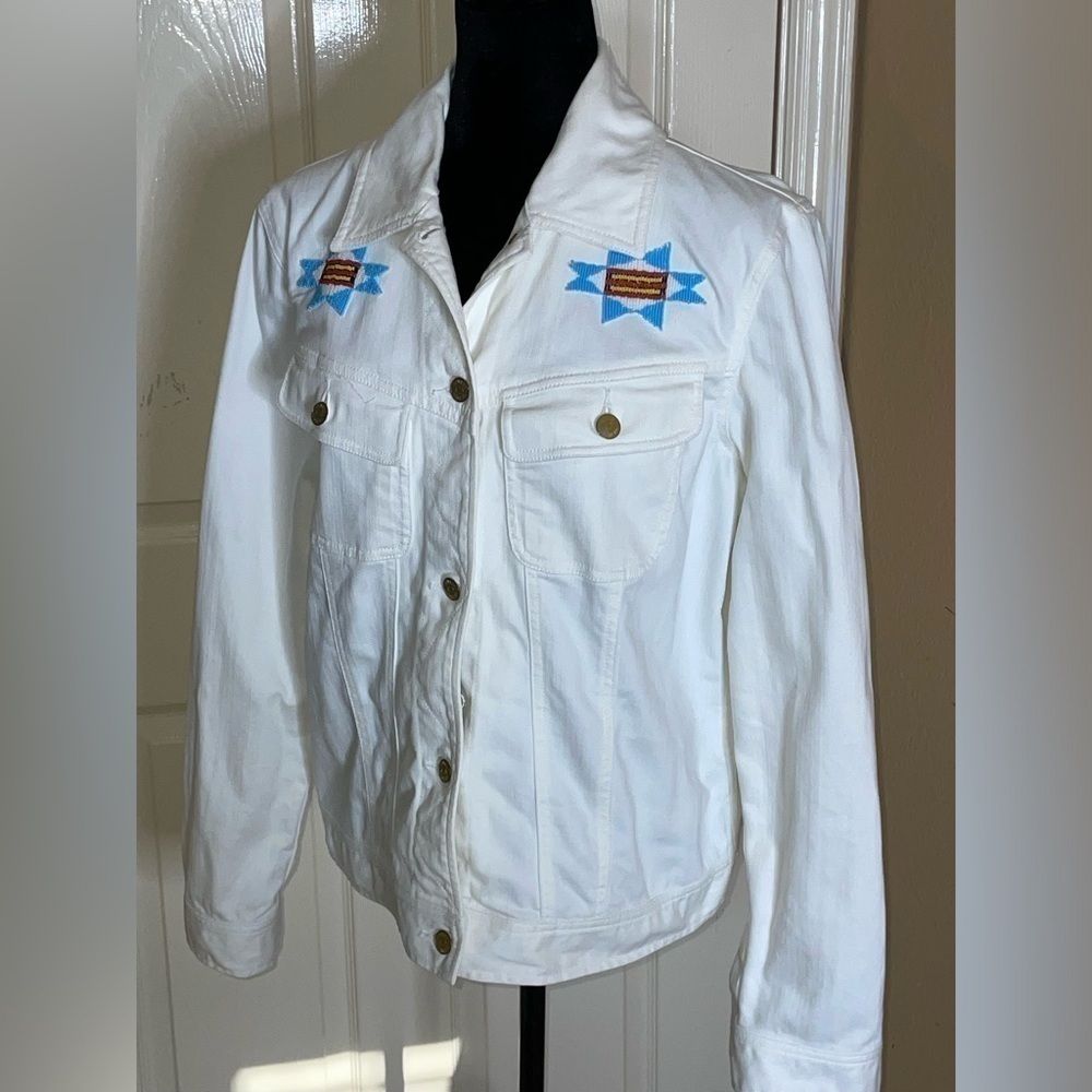 RALPH LAUREN POLO JEANS SOUTHWESTERN INDIAN BEAD WHITE AZTEC DENIM JACKET Sz L  
